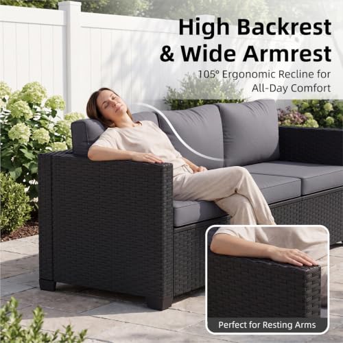 7-Piece Outdoor Patio Furniture Set, Rattan Outdoor Sectional with Thick Waterproof Cushions, Wicker Ottomans & Waterproof Cover, Patio Conversation Set for Garden, Backyard,Grey