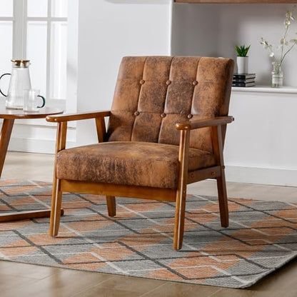Modern Accent Chair, Mid-Century Linen Armchair with Solid Wood Armrests, Button-Tufted Comfortable Cushioned Reading Chairs for Living Room, Bedroom (Coffee)