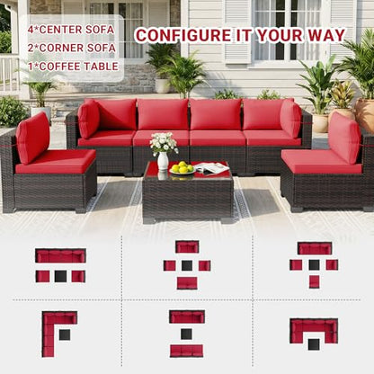 7-Piece Outdoor Patio Furniture Sets, Manual Weaving Rattan Conversation Sectional Sofa with Tempered Glass Coffee Table, All-Weather PE Wicker & Thick Cushions for Garden, Backyard, Porch