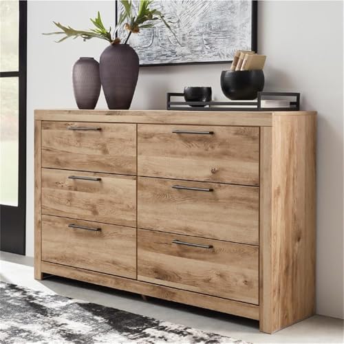 6-Drawer Farmhouse Dresser, Light Brown Rustic Finish, Gunmetal Handles, Engineered Wood Construction, Horizontal Design, 36.42" H x 58.7" W x 15.31" D, Bedroom Storage Furniture