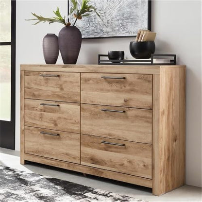 6-Drawer Farmhouse Dresser, Light Brown Rustic Finish, Gunmetal Handles, Engineered Wood Construction, Horizontal Design, 36.42" H x 58.7" W x 15.31" D, Bedroom Storage Furniture
