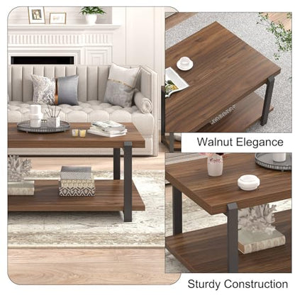 Modern Coffee Table with Storage Shelf, Rustic Wood Center Table for Living Room, Walnut