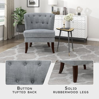 Accent Chair, Textured Fabric Upholstered Armless Chair with Solid Wood Legs, Button Tufted Curved Back for Living Room/Bedroom/Office/Waiting Area, Dark Gray