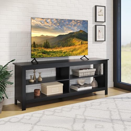 Modern TV Stand with 4 Open Shelves 55inch Entertainment Center for TVs up to 65inch Medial TV Console Table Cabinet for Living Room (Black)