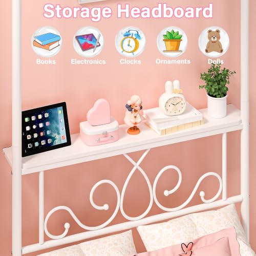 Twin Metal Canopy Bed Frame with Storage Headboard, 4 Poster Bed, White, view 6