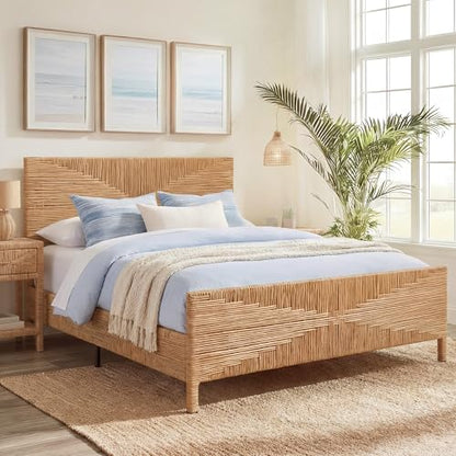 Boho Full Rattan Bed Frame with Headboard and Footboard, Hand Woven PE Wicker Bed, Mid Century Modern Metal Bedframe with Bamboo Style Design, Sturdy Metal Slats, 1000lbs, No Box Spring Needed
