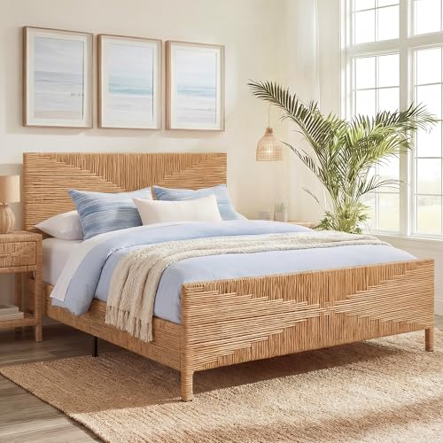 Boho Full Rattan Bed Frame with Headboard and Footboard, view 2