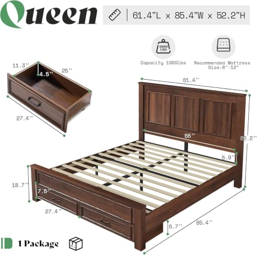 52.2" Queen Size Farmhouse Bed Frame with Headboard, Rustic Brown, view 3