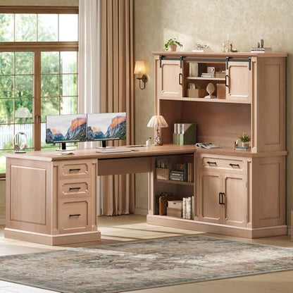67" Farmhouse Desk with Hutch, L Shaped Office Desk with 4 Drawers & Storage Cabinet, Executive Corner Computer Desk with Sliding Doors, File Drawer & Power Outlet for Home Office, Oak