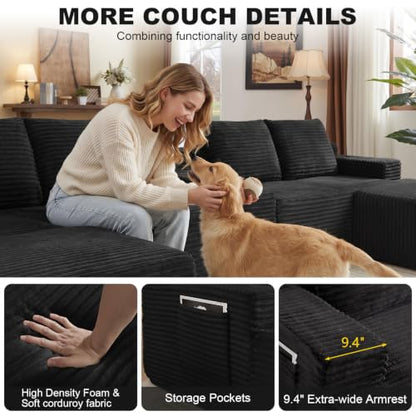 140.6" Oversized U Shaped Black Boneless Sectional Couches for Living Room, Large Cloud Modular Sofa Set with Storage Console, Cup Holder, Side Pockets, Deep Seat No Assembly Corduroy Couch