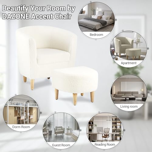 Sherpa Accent Chair with Ottoman, White Fluffy Teddy Barrel Armchair for Cozy Living Room, Small Comfy Chairs for Bedroom, Reading Corner