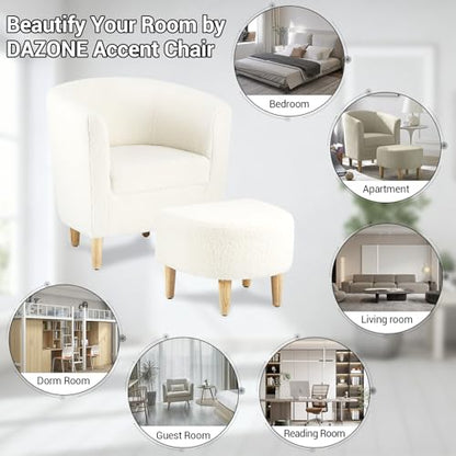 Sherpa Accent Chair with Ottoman, White Fluffy Teddy Barrel Armchair for Cozy Living Room, Small Comfy Chairs for Bedroom, Reading Corner