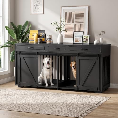 71" Double Dog Crate Furniture with 3 Drawers, view 3