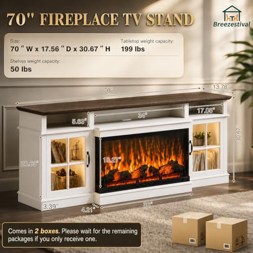 70" Fireplace TV Stand, Farmhouse TV Stand for TVs up to 80” with LED Lights, view 3