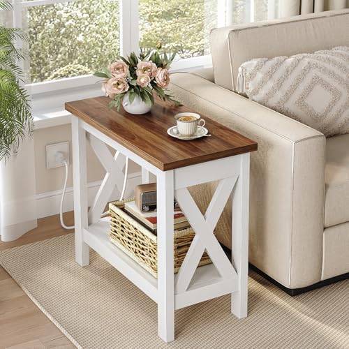 End Table with Charging Station, Farmhouse Narrow Side Table, 2-Tier with Storage Shelves, Slim Nightstand for Small Spaces, Living Room, Bedroom, White and Walnut WH360UBZ01