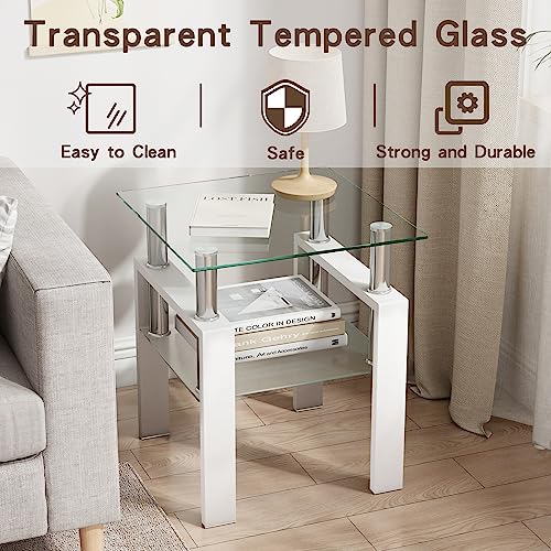 White two-tier glass top square side table with metal legs, view 7