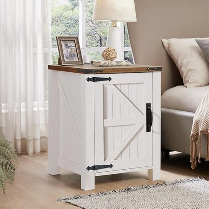 18" Farmhouse End Table Set of 2, Antique White | Rustic Nightstand, Charging Station, Barn Door, Adjustable Storage Shelf, Wood Sofa Side Table, Living Room, Bedroom