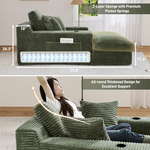 75.9"D Oversized Chaise Lounge Chair Indoor with Cup Holders,Green, view 6