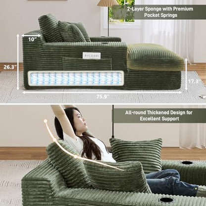75.9"D Oversized Chaise Lounge Chair Indoor with Cup Holders,Green, view 6