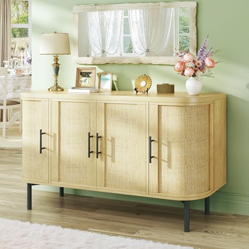 47.2" Sideboard Buffet Cabinet with Storage, Sideboard Cabinet with 4 Rattan Doors, Adjustable Shelf & Metal Legs, Multifunctional Storage Cabinet for Kitchen, Living Room, Entryway, Oak