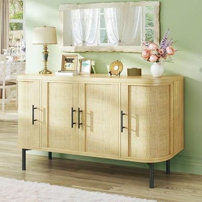 47.2" Sideboard Buffet Cabinet with Storage, Sideboard Cabinet with 4 Rattan Doors, Adjustable Shelf & Metal Legs, Multifunctional Storage Cabinet for Kitchen, Living Room, Entryway, Oak