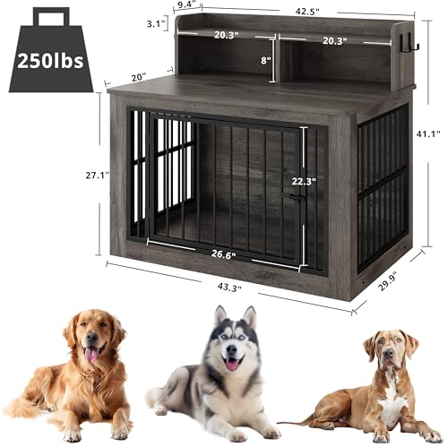 43.3" Extra Large Dog Crate Furniture with Storage Shelf | 1.0mm iron rods. Storage shelf and 4 hooks. 200 lb tabletop. 30"L x 43.3"W x 41.1"H indoor large crate
