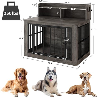 43.3" Extra Large Dog Crate Furniture with Storage Shelf | 1.0mm iron rods. Storage shelf and 4 hooks. 200 lb tabletop. 30"L x 43.3"W x 41.1"H indoor large crate