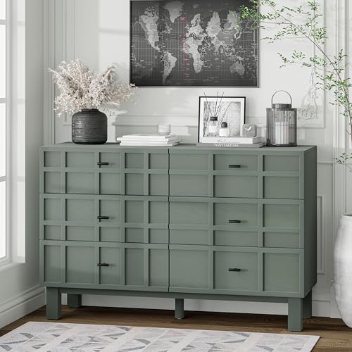 Modern 6 Drawer Double Dresser with Grid Carved Pine Front, view 6