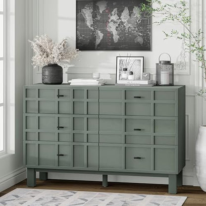Modern 6 Drawer Double Dresser with Grid Carved Pine Front, view 6