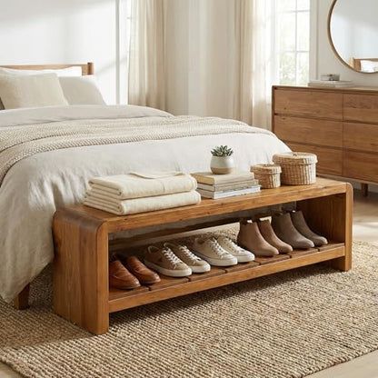 Solid Wood Entryway Bench with Shoe Storage, 59.06-Inch Long Shoe Bench with Open Shelf, Farmhouse End of Bed Seating for Hallway, Foyer, Bedroom, Walnut Brown
