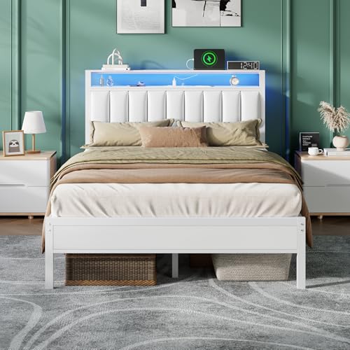 White Full Size Bed Frame with Charging Station & LED Lights, view 2
