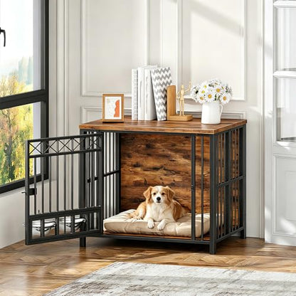 Foldable Dog Crate Furniture with 360° Rotating Double Bowls, view 7