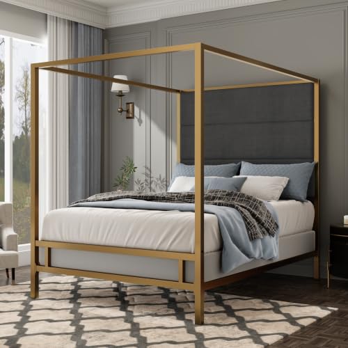 Queen Size Canopy Bed with Upholstered Headboard and Storage,Gold+Dark Grey, view 3