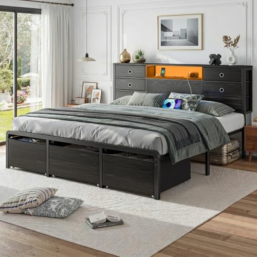 King Size Bed Frame with 9 Drawers and Charging Station,Black, view 8