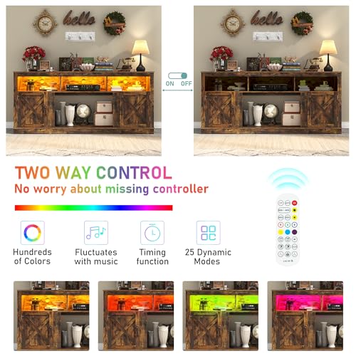 Farmhouse TV Stand for 70/75/80 Inch TV, 32”Tall Entertainment Center w/LED Light, Large Media Console Cabinet w/Barn Doors & Adjustable Shelves for Living Room, Rustic Brown