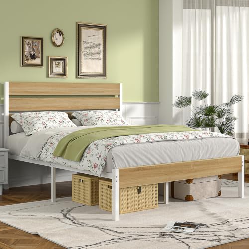 Full Size Metal Bed Frame with Natural Wood Headboard, view 4