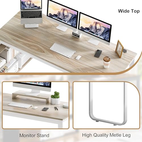 55" L Shaped Desk with Drawers and Shelves, Home Office Desk with Monitor Stand for Work Writing Study, Reversible Corner Desk with Storage, White and Walnut