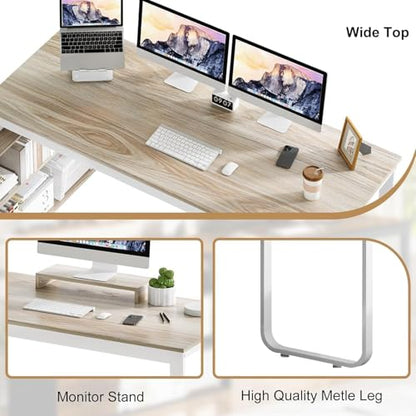55" L Shaped Desk with Drawers and Shelves, Home Office Desk with Monitor Stand for Work Writing Study, Reversible Corner Desk with Storage, White and Walnut