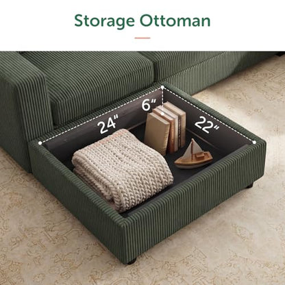 Corduroy Sectional Sofa with Storage Ottoman, 6 Seaters L Shaped Small Sectional Couch for Living Room, Green