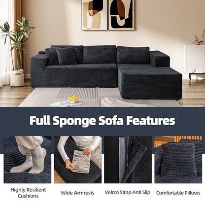 106" Cloud Sectional Couch with Chaise Lounge, L-Shape Modular Sectional Boneless Sofa with Deep Seat, Upholstered Couches for Living Room Bedroom, No Assemble, Black (Plush Corduroy Fabric)