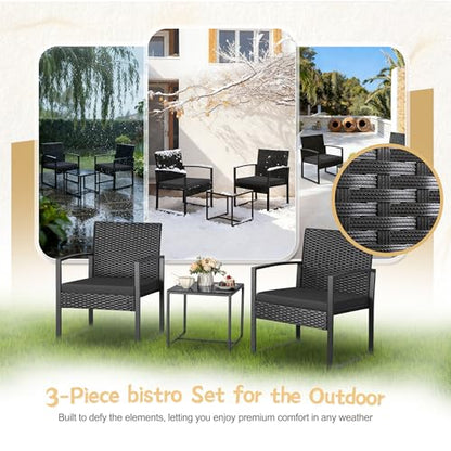 3 Piece Wicker Conversation Bistro Sets Outdoor Patio Set Modern Rattan Chair Furniture Sets with Coffee Table for Yard Garden Porch Lawn (Black)