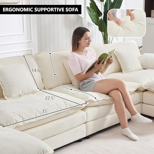 76.7" Beige White Cloud Modular Sectional Sofa for Small Spaces, Deep Seat 2 Seater L Shaped Couch, Comfy Chenille Loveseat with Ottoman Chaise for Living Room Apartment