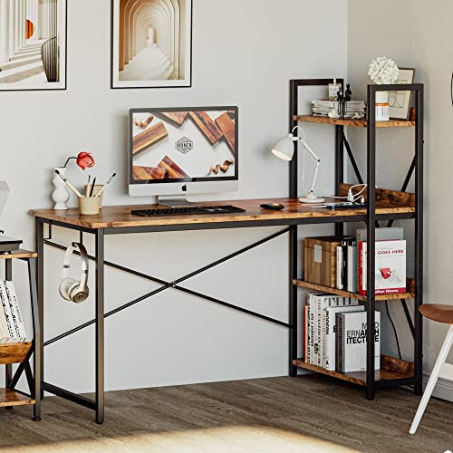 Computer Desk 55" with Power Outlet and Storage Shelves,Rustic Brown, view 3
