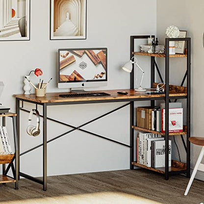 Computer Desk 55" with Power Outlet and Storage Shelves,Rustic Brown, view 3
