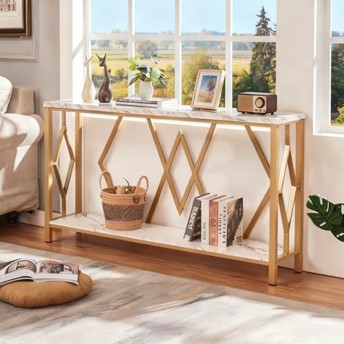 55 Inch Modern Entryway Console Table, White & Gold Faux Marble Top Engineered Wood Sofa Table with 2-Tier Open Storage, Entry Table for Hallway & Living Room