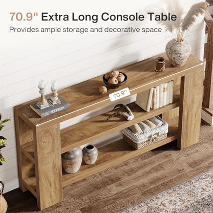 Tribesigns 70.9-Inch Extra Long Console Table with Storage, Narrow Wooden Sofa Table Behind The Couch, Farmhouse 3-Tier Entry Foyer Table for Entryway, Living Room, Hallway, Natural