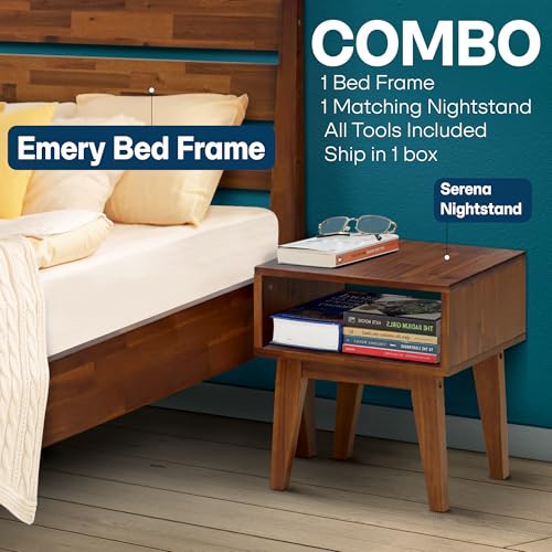 Acacia Emery Queen Solid Wood Platform Bed Frame with Headboard – Gift Matching Nightstand Included, Farmhouse Mid-Century Modern, Walnut Finish, Sturdy, No Box Spring Needed, Easy Assembly