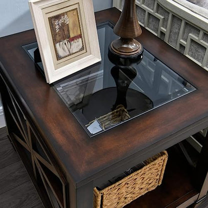 Set of 2 Solid Wood End Tables with Tempered Glass Top, 28" x 24" Large Farmhouse Side Table for Living Room, Bedroom & Office, Vintage Walnut
