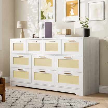 10 Drawer Dresser for Bedroom, 59 in Farmhouse Rattan Dressers & Chests of Drawers, Wooden Storage Organizer with Anti-Tipping Device for Living Room, Hallway, Entryway, White