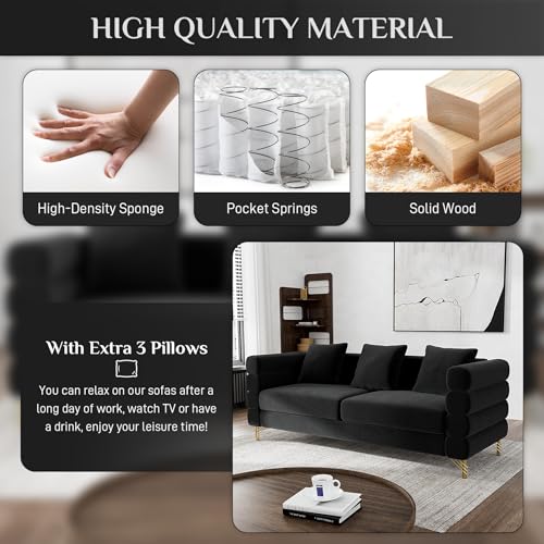 Cloud Couch for Living Room, 79" Modern Overstuffed Deep Seat Velvet 3 Seater Sofa with 3 Pillows, Comfy Upholstered Oversized Loveseat for Bedroom Office, Jet Black Velvet
